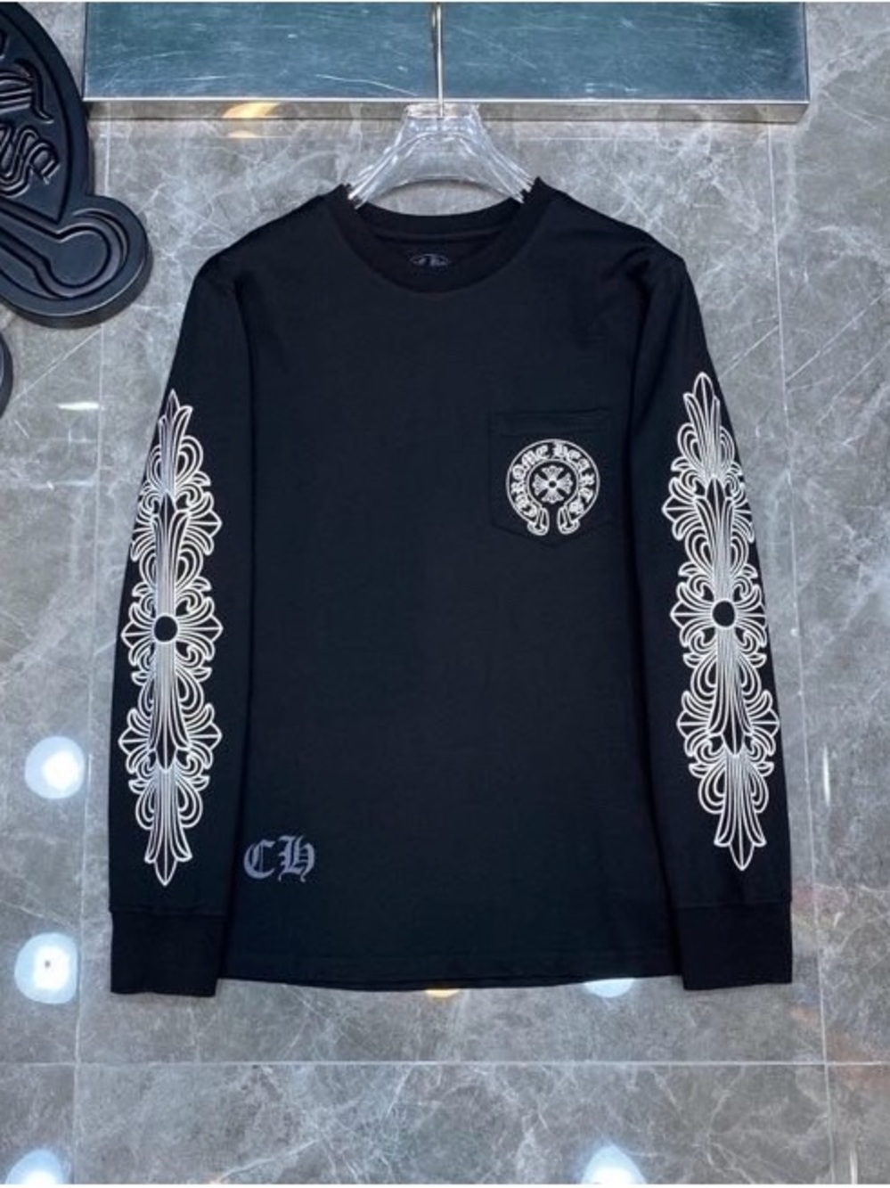 Chrome Hearts Black Long-Sleeve Tee with White Sleeve Embroidery